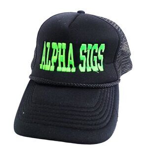 Alpha Sig Black Neon Green Embroidered Mesh Snapback Hat Cap